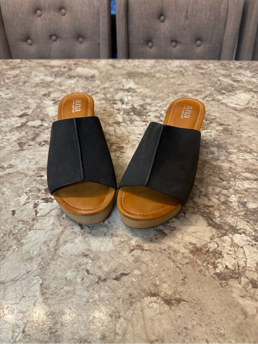 a.n.a Black Slip-On Platform Mules with Tan Footbed